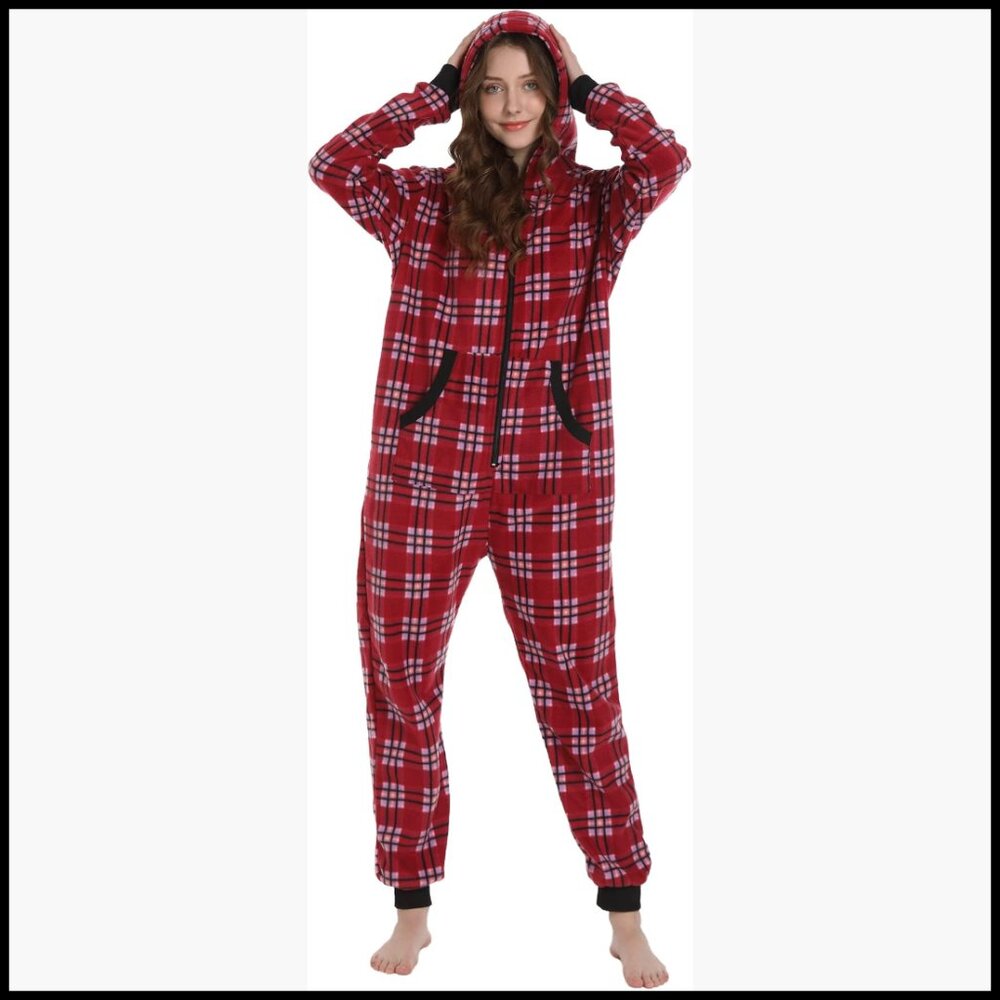 Polar Fleece Hooded One-Piece Pajamas Loose Fit Zipper Closure